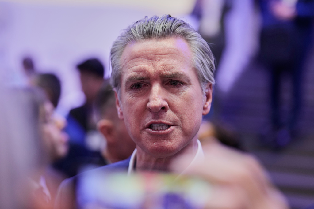 California Governor Gavin Newsom is seen during the Annual Meeting of the World Economic Forum in Davos, Switzerland, Tuesday, Jan. 20, 2026. (AP Photo/Markus Schreiber)