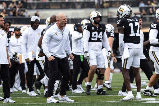 Vanderbilt head coach Clark Lea reacts to his defense making a goal line stand during the second half of an NCAA college football game against Missouri, Saturday, Oct. 25, 2025, in Nashville, Tenn. (AP Photo/Wade Payne) Vanderbilt head coach Clark Lea reacts to his defense making a goal line stand during the second half of an NCAA college football game against Missouri, Saturday, Oct. 25, 2025, in Nashville, Tenn. (AP Photo/Wade Payne)