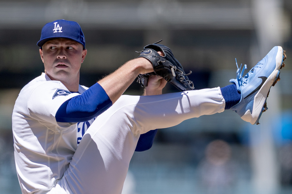 \Los Angeles Dodgers pitcher Tarik Skubal winds up to deliver during the second inning of a baseball game against the Milwaukee Brewers, Sunday, Aug. 16, 2026, in Los Angeles. (Eric Thayer/Los Angeles Times via AP)