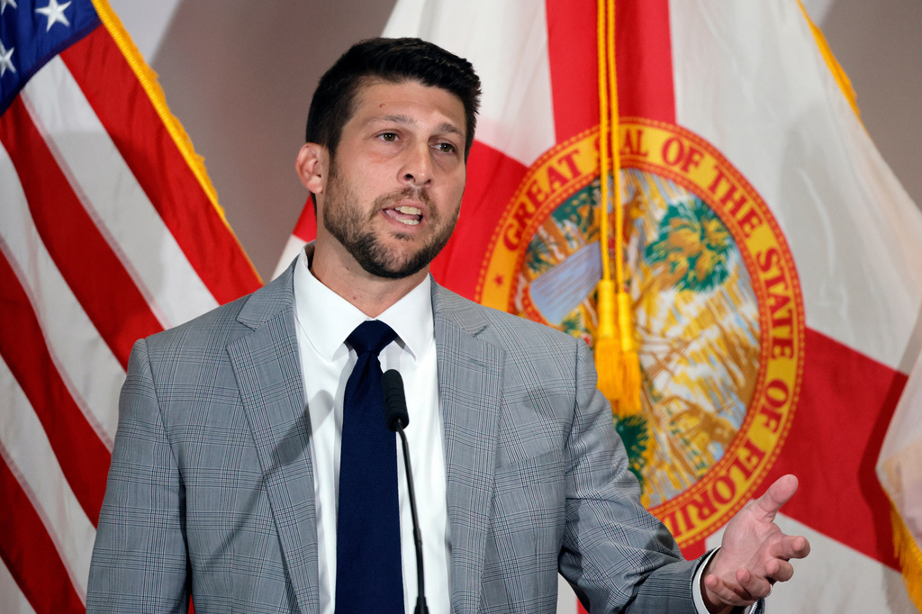 FILE - Florida Attorney General James Uthmeier speaks during a news conference at Palm Beach State College in Lake Worth, Fla., Aug. 20, 2025. (Amy Beth Bennett/South Florida Sun-Sentinel via AP, File)