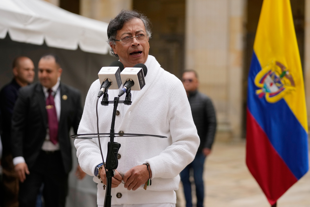 Colombia's President Gustavo Petro speaks after voting during legislative elections in Bogota, Colombia, Sunday, March 8, 2026. (AP Photo/Fernando Vergara)