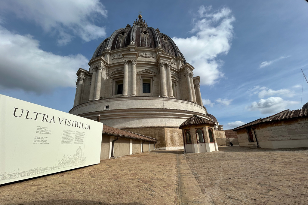 The entrance to the "Ultra Visibilia" exhibition on St. Peter's Terrace is shown on the occasion of the 400th anniversary of the dedication of St. Peter's Basilica at the Vatican, Monday, Feb. 16, 2026. (AP Photo/Gregorio Borgia)