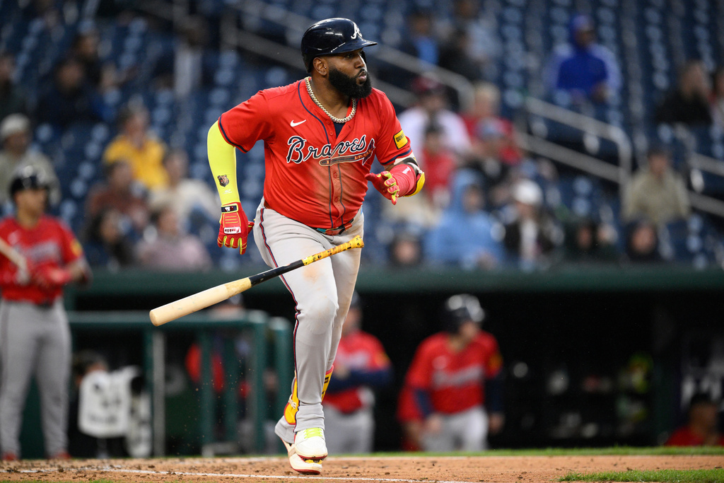 FILE - Atlanta Braves' Marcell Ozuna in action during a baseball game against the Washington Nationals, Sept. 17, 2025, in Washington. (AP Photo/Nick Wass, file)