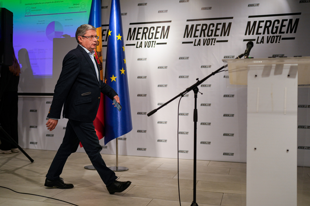 Igor Grosu, president of Moldova's parliament and leader of the pro-EU Party of Action and Solidarity arrives to a press briefing after the polls closed for the parliamentary election, in Chisinau, Moldova, Sunday, Sept. 28, 2025. (AP Photo/Vadim Ghirda)