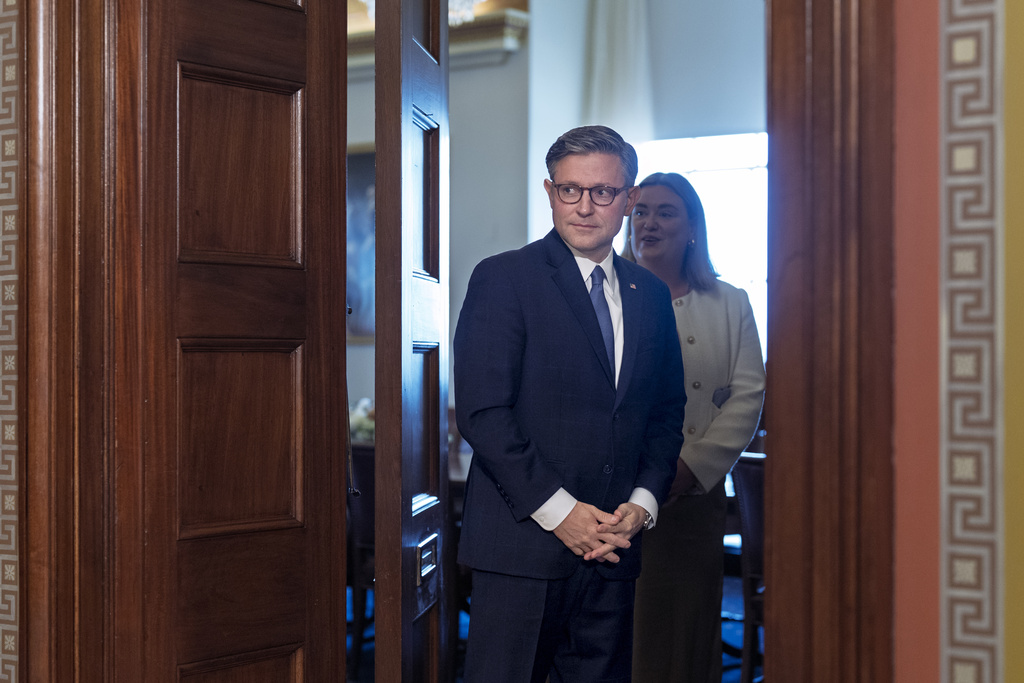 As lawmakers debate a government funding extension, Speaker of the House Mike Johnson, R-La., awaits the arrival of the leader of the Orthodox Christian Church, Ecumenical Patriarch Bartholomew for a meeting, at the Capitol in Washington, Wednesday, Sept. 17, 2025. (AP Photo/J. Scott Applewhite)