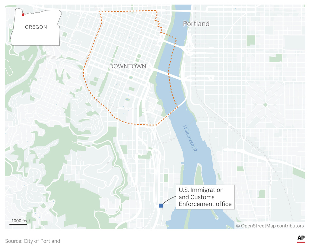 Downtown Portland, Oregon and the location of a federal immigration office. (AP Graphic)