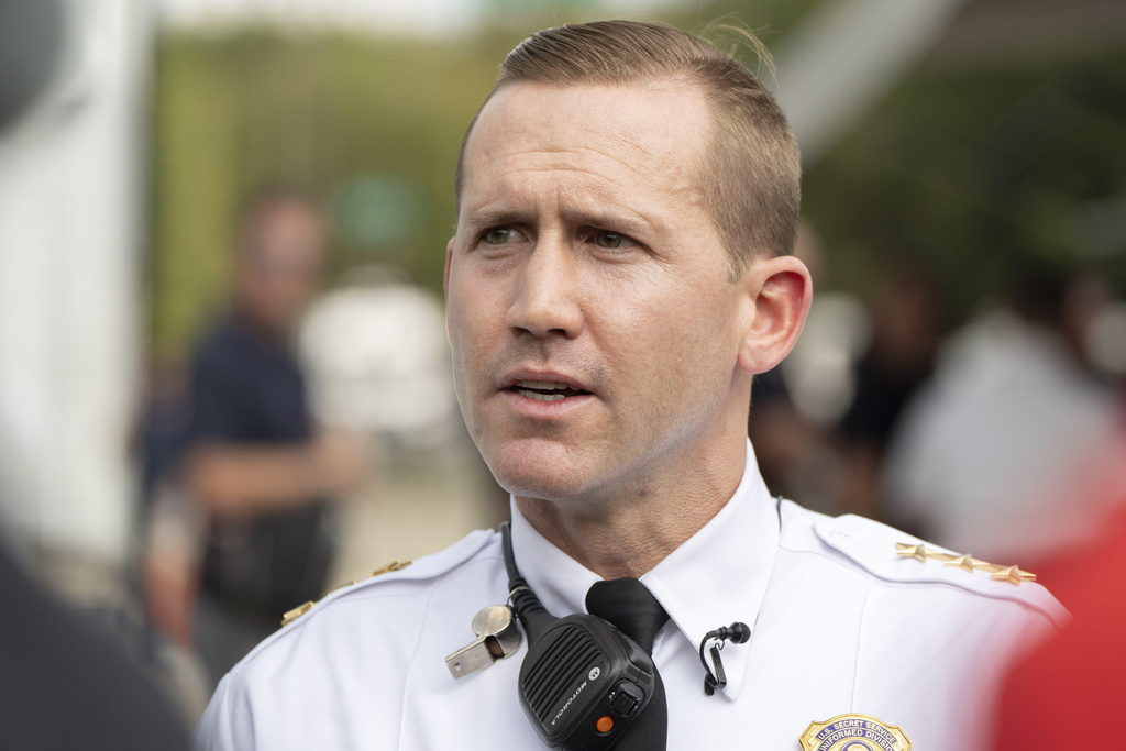 U.S. Secret Service Uniformed Division Assistant Chief Andrew Ackley speaks to reporters during a training exercise with local and federal law enforcement, organized by the U.S. Capitol Police, at the U.S. Secret Service James J. Rowley Training Center Friday, Sept. 5, 2025, in Laurel, Md. (AP Photo/Mark Schiefelbein)
