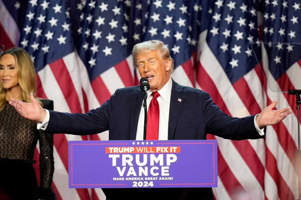 FILE - Republican presidential nominee former President Donald Trump speaks at an election night watch party, Nov. 6, 2024, in West Palm Beach, Fla. (AP Photo/Alex Brandon, File)