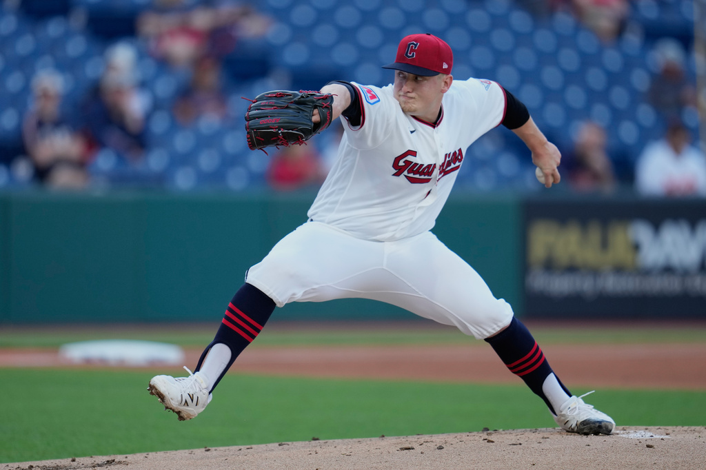 Cleveland Guardians' Parker Messick pitches in the first inning of a baseball game against the Baltimore Orioles in Cleveland, Thursday, April 16, 2026. (AP Photo/Sue Ogrocki)