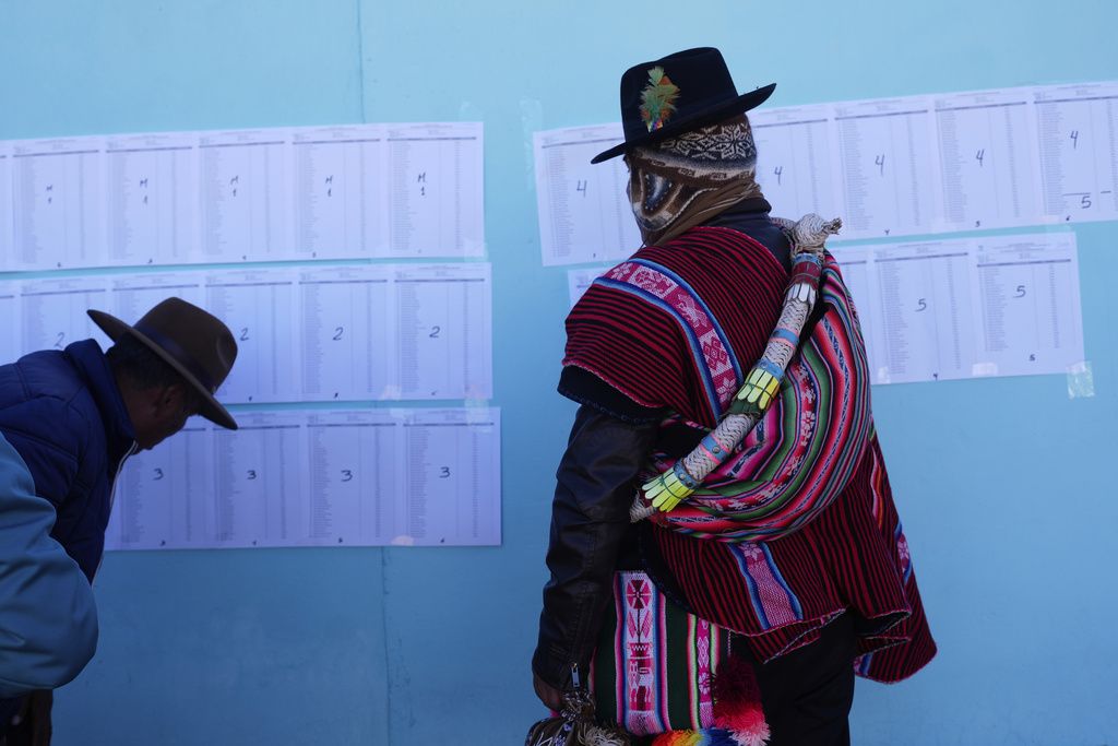 Voters check electoral rolls during general elections in Jesus de Machaca, Bolivia, Sunday, Aug. 17, 2025. (AP Photo/Juan Karita)