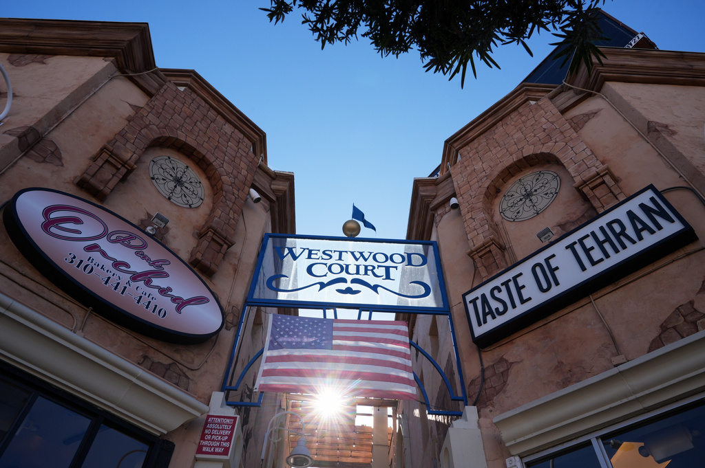 The area commonly known as "Little Tehran" or "Tehrangeles" is seen at the Westwood Court along Westwood Boulevard, the heart of the largest Iranian diaspora community in the United States, in Los Angeles, Monday, March 2, 2026. (AP Photo/Damian Dovarganes)