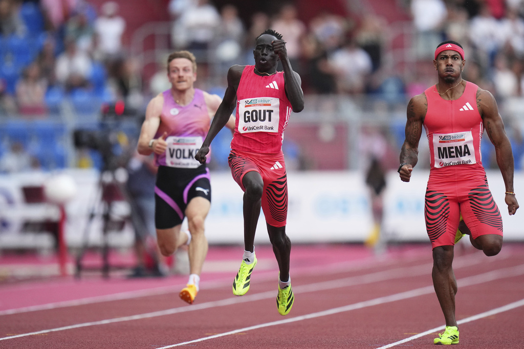 FILE - Gout Gout, of Australia, runs to win the men 200 meters during the Ostrava Golden Spike athletics meet in Ostrava, Czech Republic, on June 24, 2025. (AP Photo/Petr David Josek, File)
