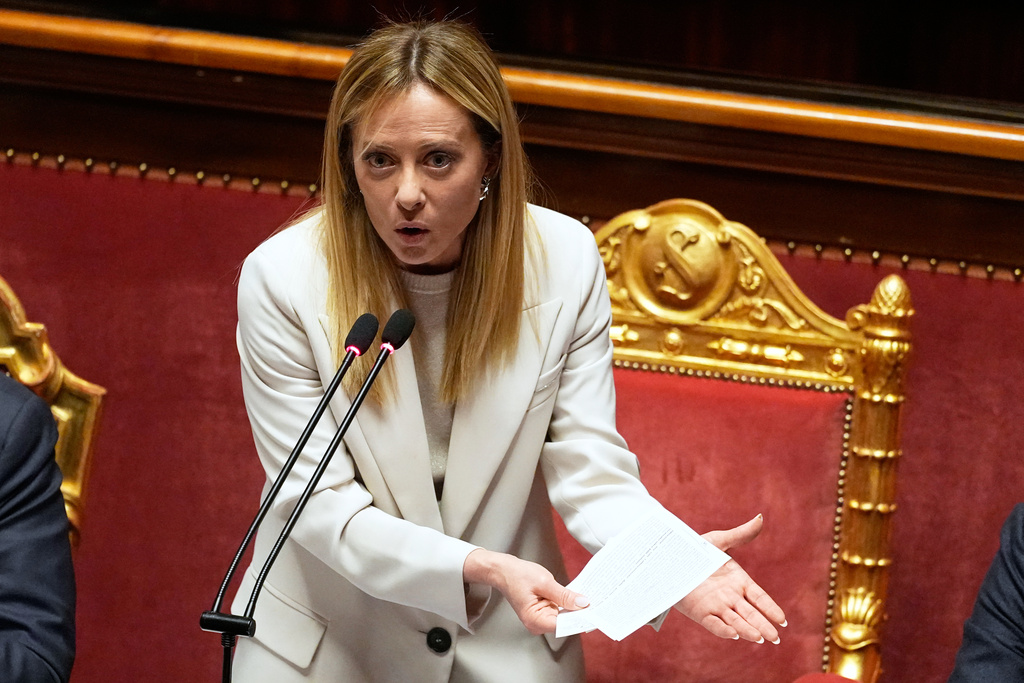 Italy's Prime Minister Giorgia Meloni addresses the Senate regarding the conflict in Iran and the Gulf region, in Rome, Wednesday, March 11, 2026. (AP Photo/Alessandra Tarantino)