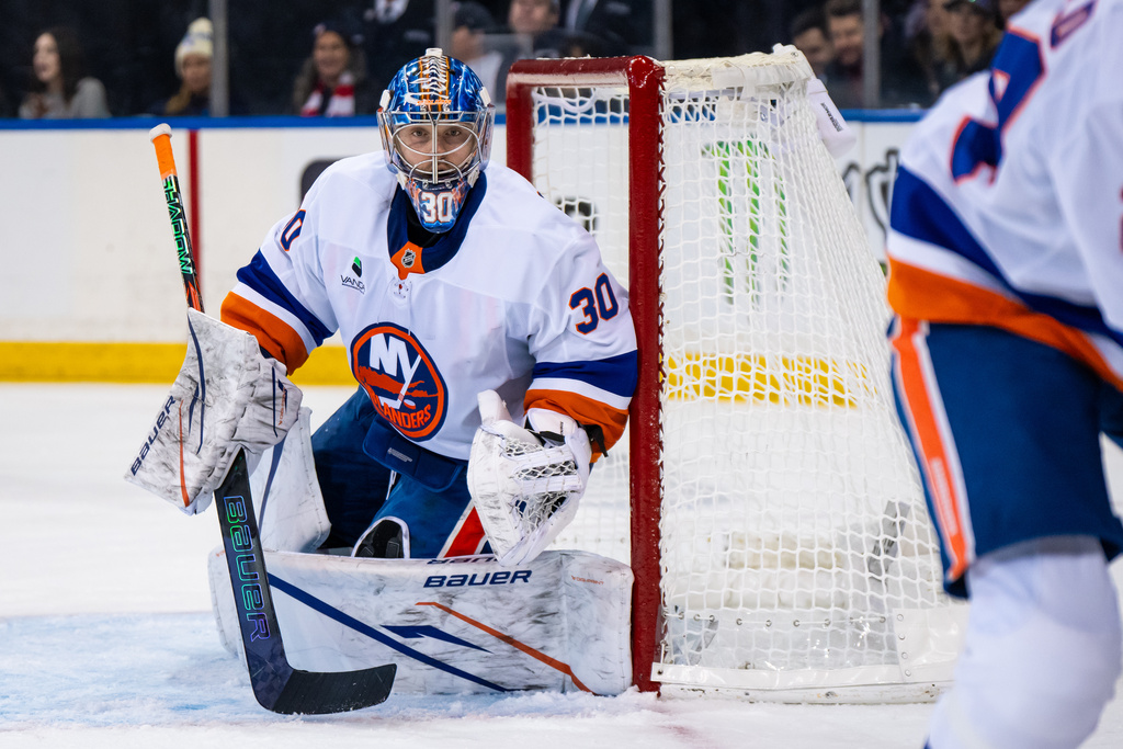 New York Islanders goaltender Ilya Sorokin (30) watches the gameplay during the second period of an NHL hockey game against the New York Rangers, Saturday, Nov. 8, 2025, in New York. (AP Photo/Angelina Katsanis)