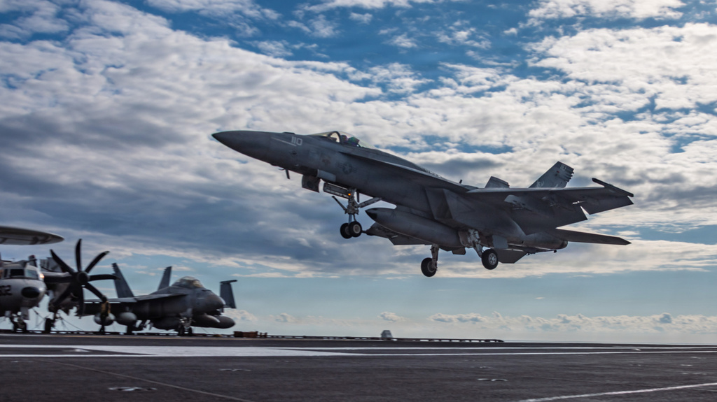 This image provided by U.S. Central Command shows a F/A-18E Super Hornet landing on the USS Gerald R. Ford (CVN 78) in support of Operation Epic Fury, on Sunday, March 1, 2026. (U.S. Navy via AP)