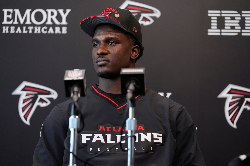 FILE - Atlanta Falcons first-round draft pick James Pearce Jr., speaks during a news conference, Friday, April 25, 2025, in Flowery Branch, Ga. (AP Photo/Brynn Anderson, File)