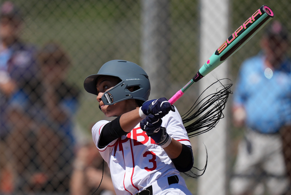 FILE - Mo'ne Davis watches her hit during a Women's Pro Baseball League exhibition game, Thursday, March 19, 2026, in Fort Myers, Fla. (AP Photo/Rebecca Blackwell, File)