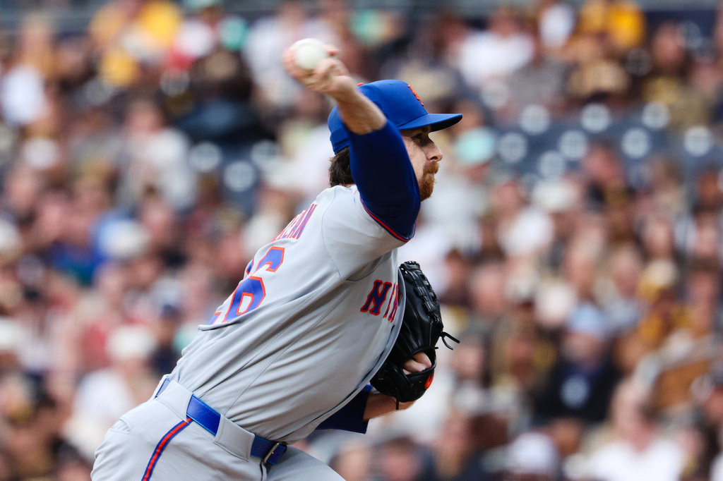 New York Mets pitcher Nolan McLean winds up against a San Diego Padres batter in the first inning of a baseball game Saturday, June 6, 2026, in San Diego. (AP Photo/Derrick Tuskan)