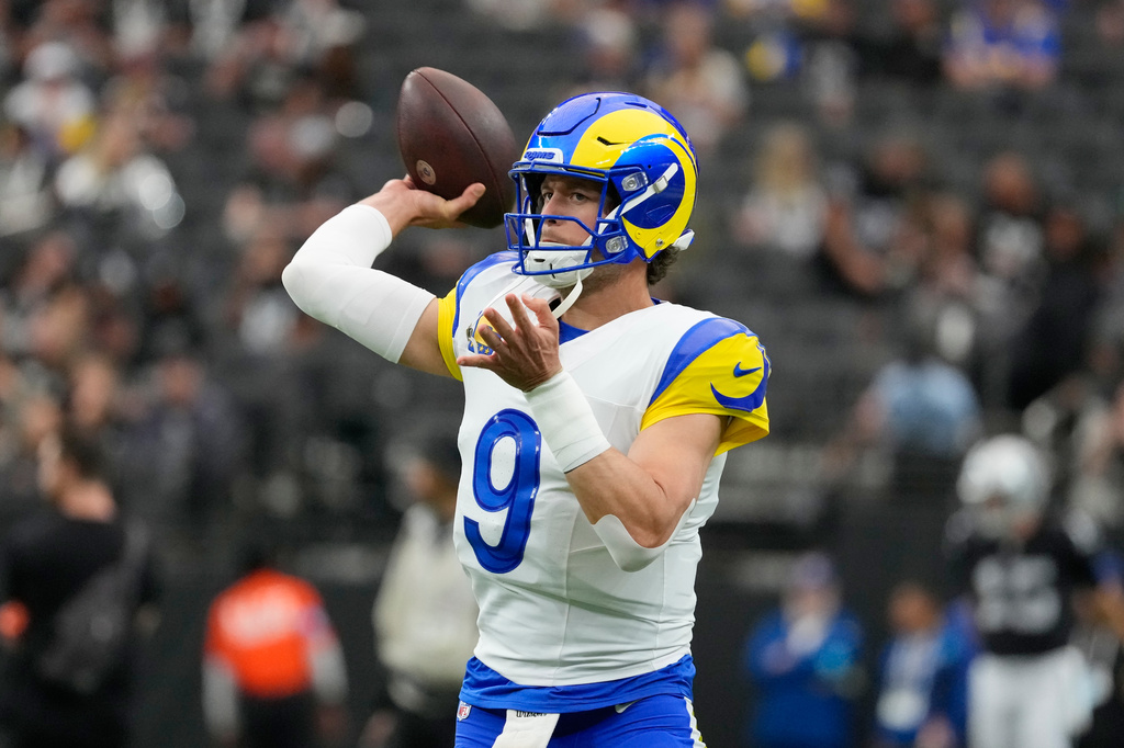 Los Angeles Rams quarterback Matthew Stafford works out prior to an NFL football game against the Las Vegas Raiders Sunday, Oct. 25, 2026, in Las Vegas. (AP Photo/John Locher)
