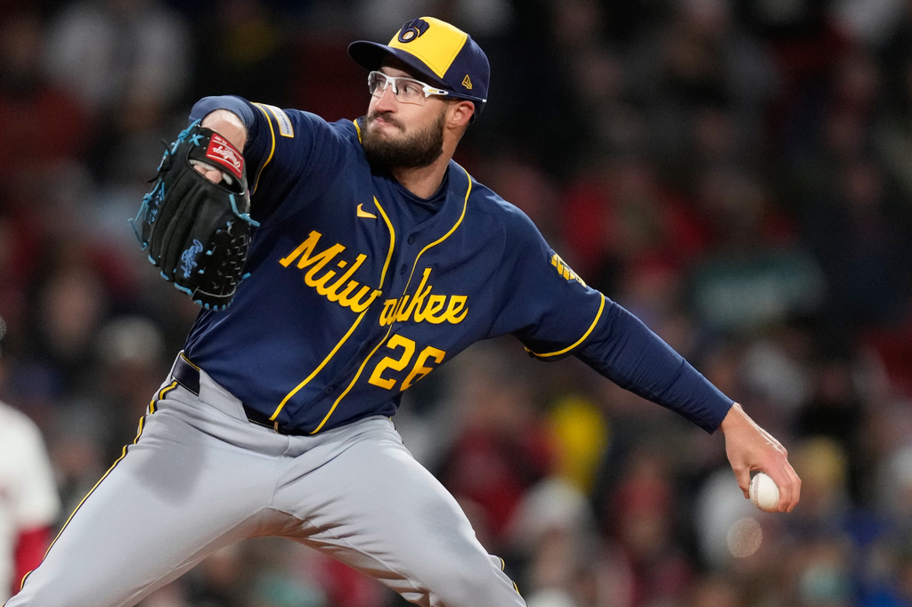 Milwaukee Brewers pitcher Aaron Ashby delivers during the sixth inning of a baseball game against the Boston Red Sox at Fenway Park, Monday, April 6, 2026, in Boston. (AP Photo/Charles Krupa)