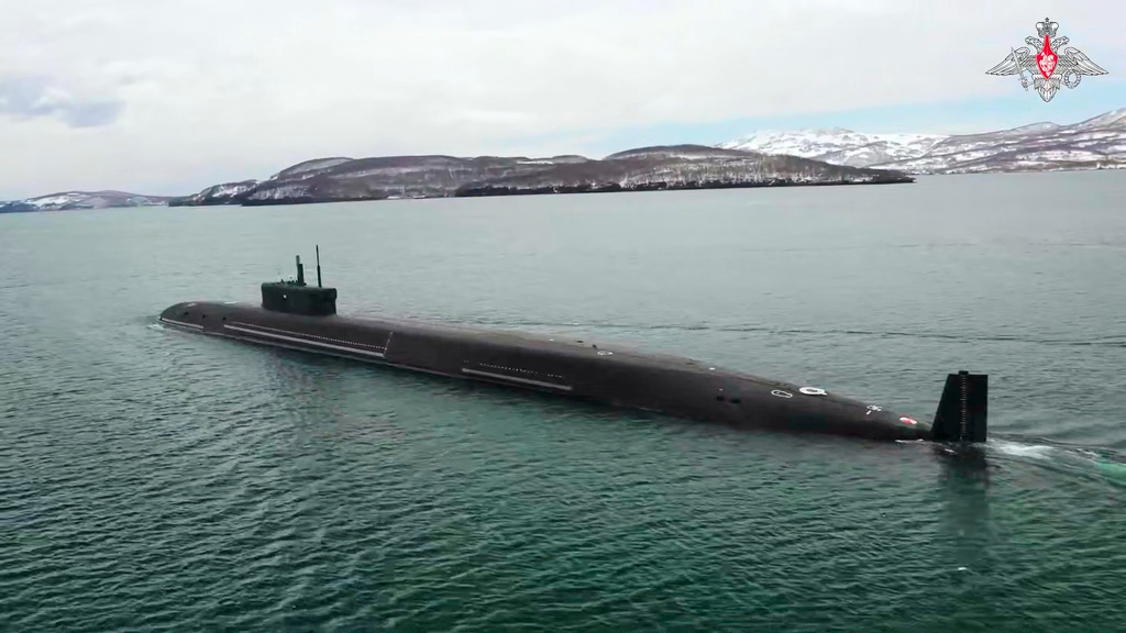 In this image made from video provided by Russian Defense Ministry Press Service on Thursday, May 21, 2026, A Borel-class nuclear submarine is seen during drills of Russia's nuclear forces. (Russian Defense Ministry Press Service via AP)