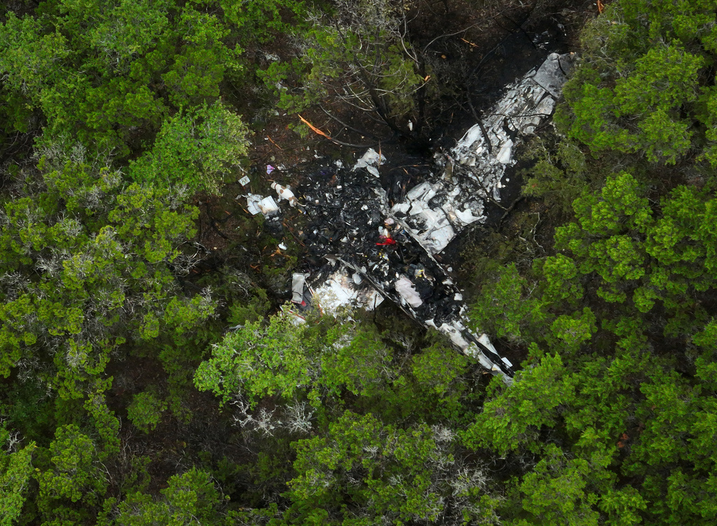 A crashed Cessna airplane is seen in a wooded area on Round Rock Road in Wimberley, Texas, Friday, May 1, 2026. (Jay Janner/Austin American-Statesman via AP)