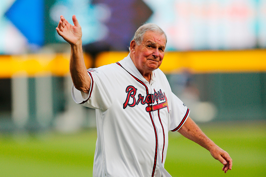 FILE - Former Atlanta Braves manager Bobby Cox is honored during a ceremony before a baseball game between the Braves and the San Diego Padres in Atlanta, April 14, 2017. (AP Photo/John Bazemore, File)