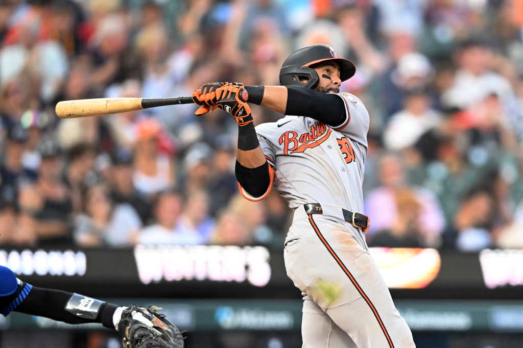Baltimore Orioles' Leody Taveras watches his home run during the fifth inning of a baseball game against the Detroit Tigers, Monday, July 27, 2026, in Detroit. (AP Photo/Jose Juarez)