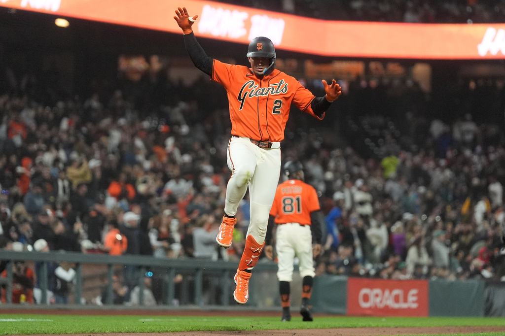 San Francisco Giants' Willy Adames (2) celebrates after hitting a home run against the Detroit Tigers during the fifth inning of a baseball game, Friday, Aug. 7, 2026, in San Francisco. (AP Photo/Jeff Chiu)