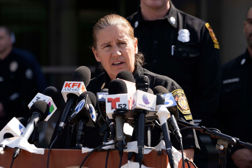 FILE - Los Angeles Fire Department Chief Kristin Crowley talks during a news conference at Harbor–UCLA Medical Center, in the West Carson area of Los Angeles, Feb. 15, 2024. (AP Photo/Richard Vogel, File)