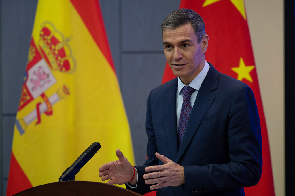 Spanish Prime Minister Pedro Sanchez offers a speech at the University of Chinese Academy of Sciences in Beijing, Monday, April 13, 2026. (Andres Martinez Casares/Pool Photo via AP)
