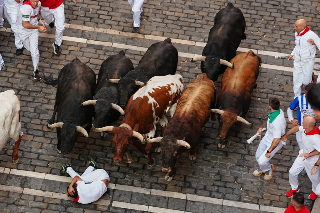 A reveler falls in front of Victoriano del Río's fighting bulls during the third running of the bulls at the San Fermín festival in Pamplona, Spain, Thursday, July 9, 2026. (AP Photo/Miguel Oses)