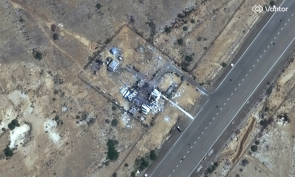 In this satellite image provided by Vantor, damaged drone buildings a the Konarak drone base, Iran, Sunday, March 1, 2026. (Satellite image ©2026 Vantor via AP)