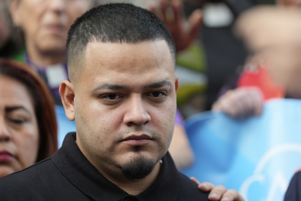 Kilmar Abrego Garcia attends a protest rally at the Immigration and Customs Enforcement field office in Baltimore, Monday, Aug. 25, 2025, to support Abrego Garcia. (AP Photo/Stephanie Scarbrough)