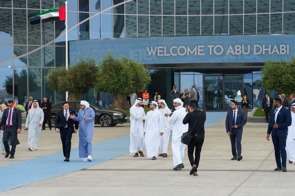 U.S. Secretary of State Marco Rubio walks with the United Arab Emirates' Foreign Minister Sheikh Abdullah bin Zayed bin Sultan Al Nahyan before boarding a U.S. Air Force C-17 Globemaster III transport aircraft at Al Bateen Executive Airport, en route to Kuwait during his visit to the Middle East to discuss the interim deal between the U.S. and Iran with Arab Gulf allies, in Abu Dhabi, United Arab Emirates, Wednesday, June 24, 2026. (Eric Lee/Pool photo via AP)
