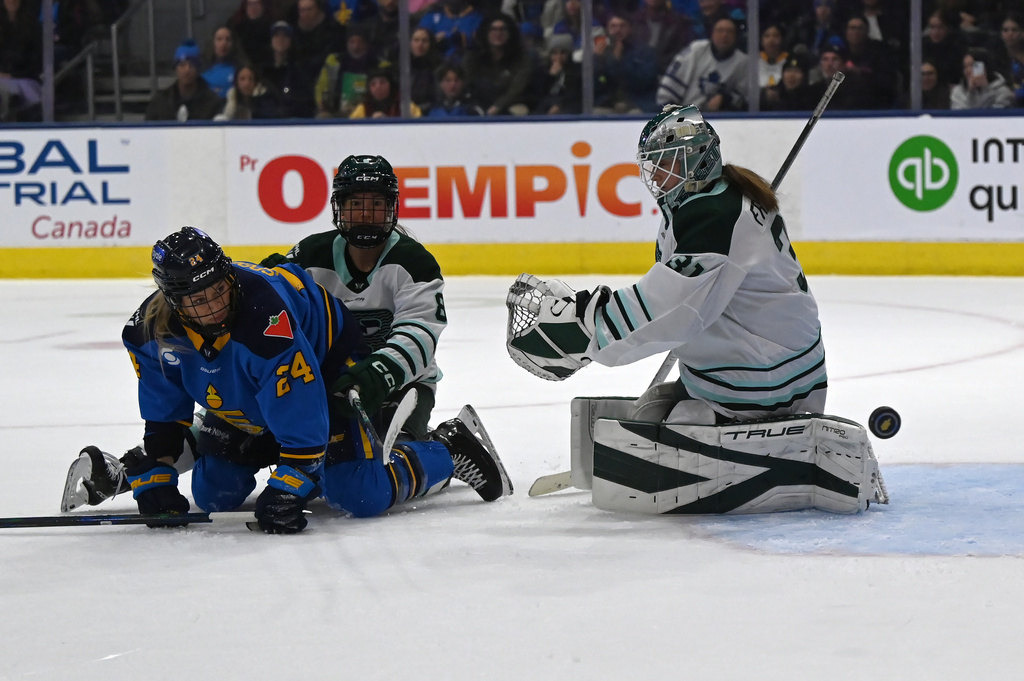 Boston Fleet goaltender Aerin Frankel (31) makes a save during second period of an PWHL hockey game against the Toronto Sceptres in Toronto on Friday, March 27, 2026. (Jon Blacker/The Canadian Press via AP)