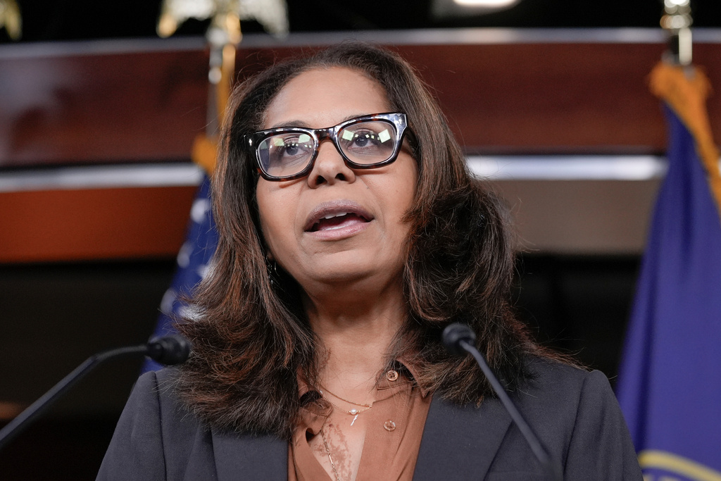 FILE - Rep. Sydney Kamlager-Dove, D-Calif., speaks during a news conference on Capitol Hill, Sept. 11, 2025, in Washington. (AP Photo/Mariam Zuhaib, File)