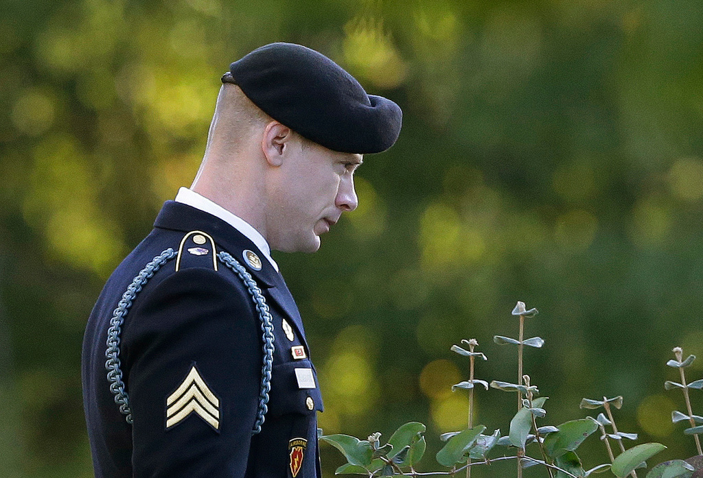 FILE - Army Sgt. Bowe Bergdahl leaves the Fort Bragg courtroom facility as the judge deliberates during a sentencing hearing at Fort Bragg, N.C., Nov. 3, 2017. (AP Photo/Gerry Broome, File)