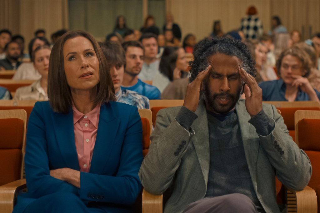 This image released by Focus Features shows Minnie Driver, left, and Prasanna Puwanarajah in a scene from "Finding Emily." (Focus Features vis AP)