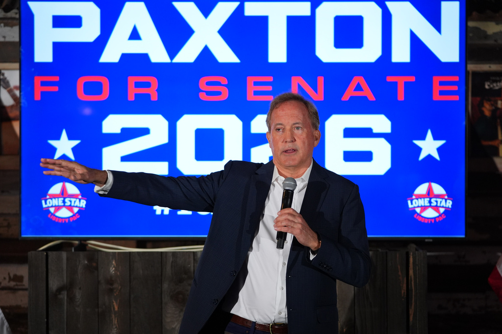 Texas Attorney General Ken Paxton, a Republican candidate for the U.S. Senate, speaks to supporters at a campaign event in McKinney, Texas, Tuesday, May 19, 2026. (AP Photo/LM Otero)