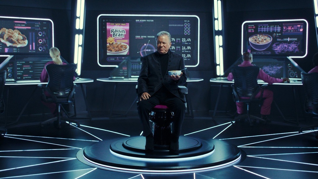 This photo provided by Kellogg's shows William Shatner in Kellogg’s Raisin Bran 2026 Super Bowl NFL football spot. (Kellogg's via AP)