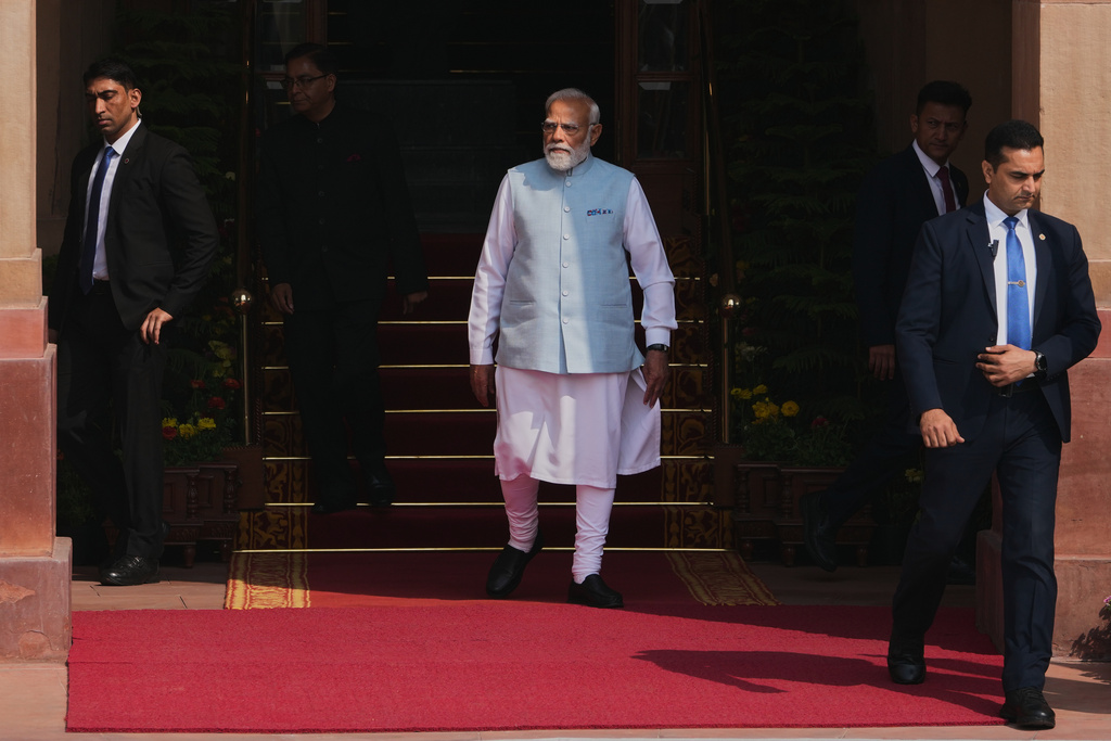 Indian Prime Minister Narendra Modi arrives to receive Brazilian President Luiz Inacio Lula da Silva for a delegation-level meeting at Hyderabad house in New Delhi, India, Saturday, Feb. 21, 2026. (AP Photo/Manish Swarup)