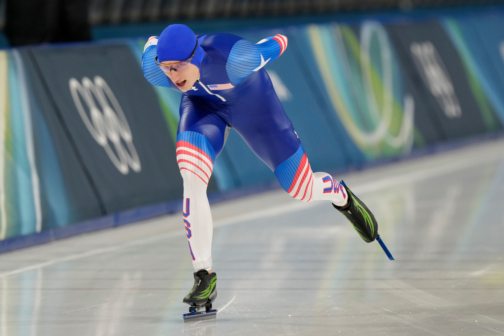United States' Jordan Stolz competes in the men's 1500m speed skating time trials at the 2026 Winter Olympics, in Rho, Italy, Wednesday, Feb. 4, 2026. (AP Photo/Luca Bruno)