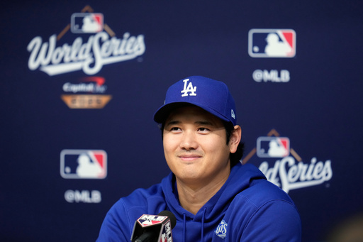 Los Angeles Dodgers' Shohei Ohtani speaks during a press conference ahead of Game 3 of the 2025 World Series against the Toronto Blue Jays in Los Angeles, Sunday, Oct. 26, 2025. (AP Photo/Ashley Landis) Los Angeles Dodgers' Shohei Ohtani speaks during a press conference ahead of Game 3 of the 2025 World Series against the Toronto Blue Jays in Los Angeles, Sunday, Oct. 26, 2025. (AP Photo/Ashley Landis)