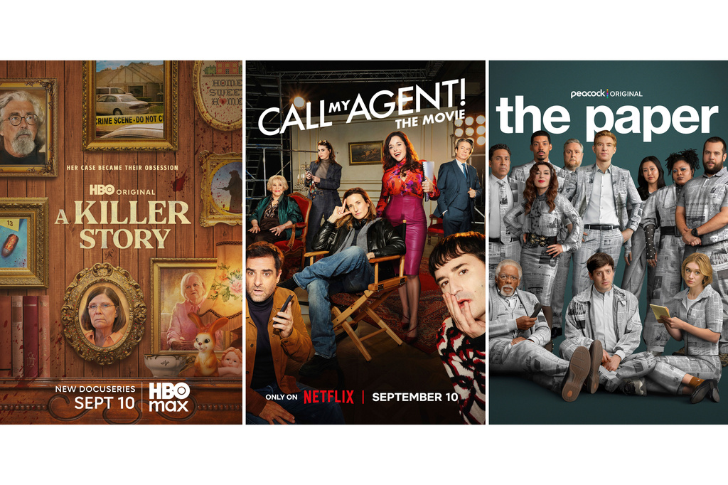 This combination of images show promotional art for the docuseries "A Killer Story," left, the film "Call My Agent! The Movie," and the series "The Paper." (HBO Max/Netflix/Peacock via AP)