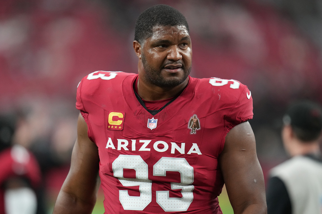 FILE - Arizona Cardinals defensive tackle Calais Campbell (93) during an NFL football game against the Jacksonville Jaguars on Nov. 23, 2025, in Glendale. (AP Photo/Rick Scuteri, File)