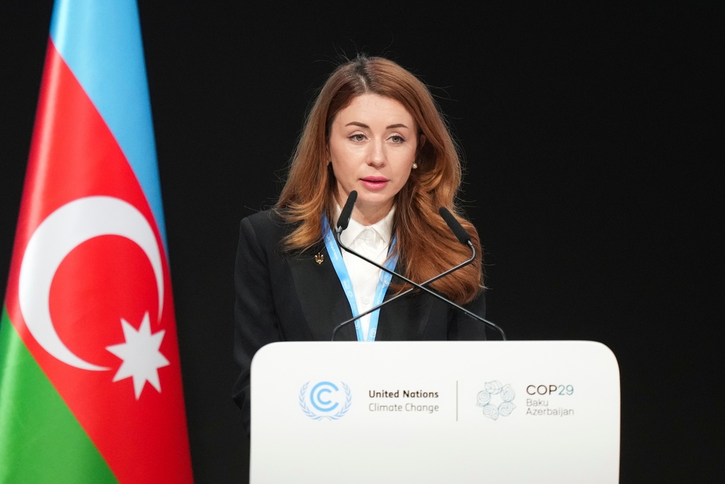 FILE - Ukraine Minister of Environmental Protection and Natural Resources Svitlana Grynchuk speaks during a plenary session at the COP29 U.N. Climate Summit, Nov. 20, 2024, in Baku, Azerbaijan. (AP Photo/Sergei Grits, File)