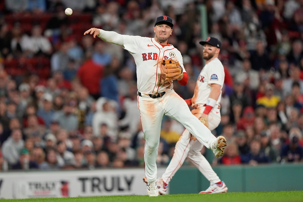 FILE - Boston Red Sox third baseman Alex Bregman throws late to first on a single by Athletics Jacob Wilson in the sixth inning of a baseball game, Sept. 16, 2025, in Boston. (AP Photo/Robert F. Bukaty, File)