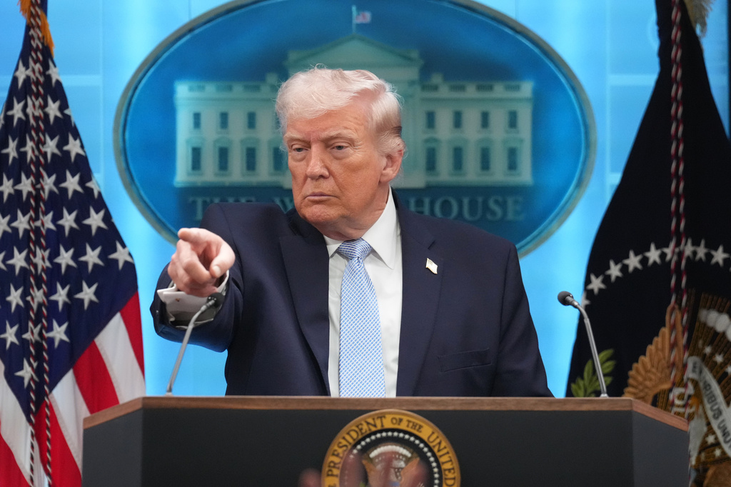 President Donald Trump speaks with reporters during a news conference in the James Brady Press Briefing Room at the White House, Monday, April 6, 2026, in Washington. (AP Photo/Mark Schiefelbein)