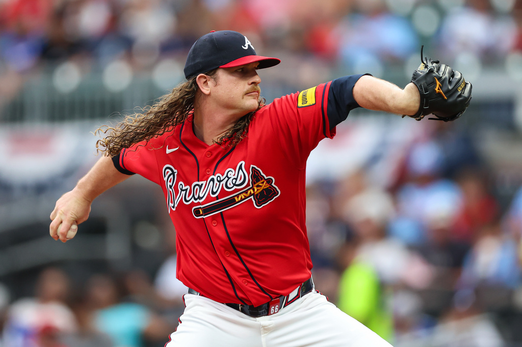Atlanta Braves pitcher Grant Holmes delivers in the first inning of a baseball game against the New York Mets, Friday, July 3, 2026, in Atlanta. (AP Photo/Colin Hubbard)